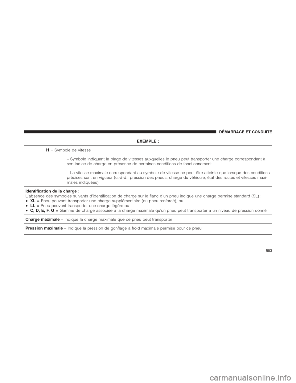 Ram 1500 2016 Manuel du propriétaire (in French) EXEMPLE :
H = Symbole de vitesse
– Symbole indiquant la plage de vitesses auxquelles le pneu peut transporter une charge correspondant à
son indice de charge en présence de certaines conditions de Ram 1500 2016 Manuel du propriétaire (in French) EXEMPLE :
H = Symbole de vitesse
– Symbole indiquant la plage de vitesses auxquelles le pneu peut transporter une charge correspondant à
son indice de charge en présence de certaines conditions de