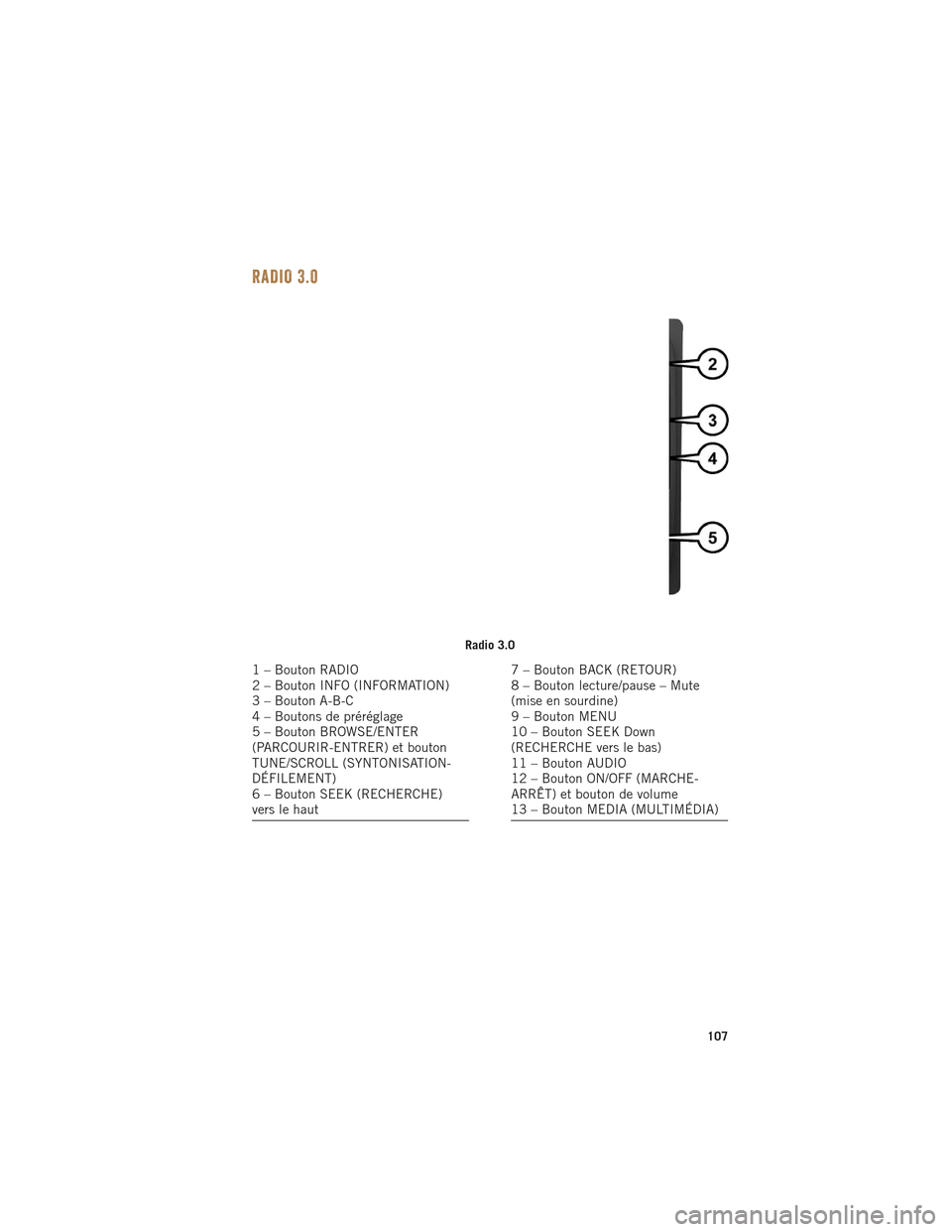 Ram 1500 2016 Guide dutilisateur (in French) RADIO 3.0
Radio 3.0
1 – Bouton RADIO
2 – Bouton INFO (INFORMATION)
3 – Bouton A-B-C
4 – Boutons de préréglage
5 – Bouton BROWSE/ENTER
(PARCOURIR-ENTRER) et bouton
TUNE/SCROLL (SYNTONISATIO Ram 1500 2016 Guide dutilisateur (in French) RADIO 3.0
Radio 3.0
1 – Bouton RADIO
2 – Bouton INFO (INFORMATION)
3 – Bouton A-B-C
4 – Boutons de préréglage
5 – Bouton BROWSE/ENTER
(PARCOURIR-ENTRER) et bouton
TUNE/SCROLL (SYNTONISATIO