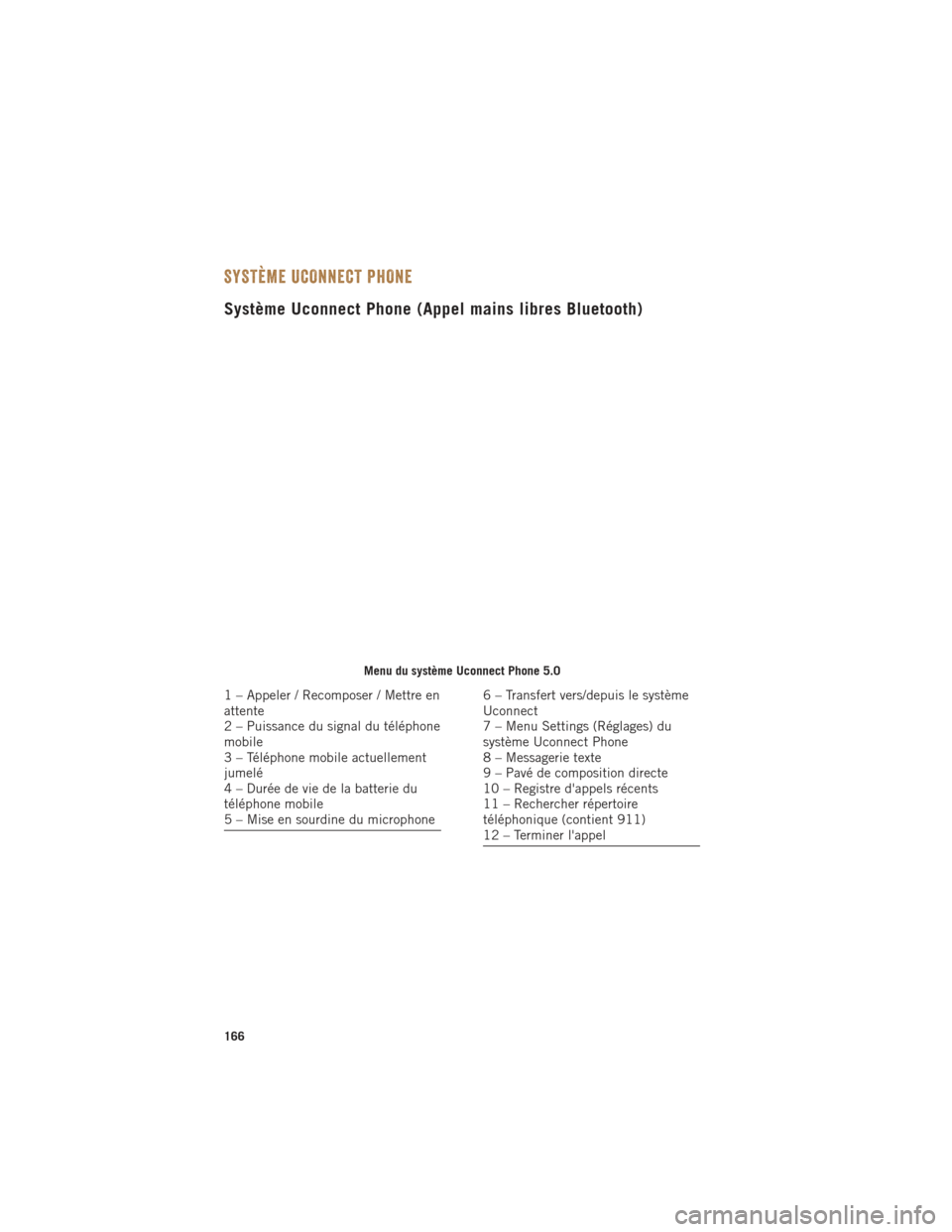 Ram 1500 2016 Guide dutilisateur (in French) SYSTÈME UCONNECT PHONE
Système Uconnect Phone (Appel mains libres Bluetooth)
Menu du système Uconnect Phone 5.0
1 – Appeler / Recomposer / Mettre en
attente
2 – Puissance du signal du télépho Ram 1500 2016 Guide dutilisateur (in French) SYSTÈME UCONNECT PHONE
Système Uconnect Phone (Appel mains libres Bluetooth)
Menu du système Uconnect Phone 5.0
1 – Appeler / Recomposer / Mettre en
attente
2 – Puissance du signal du télépho