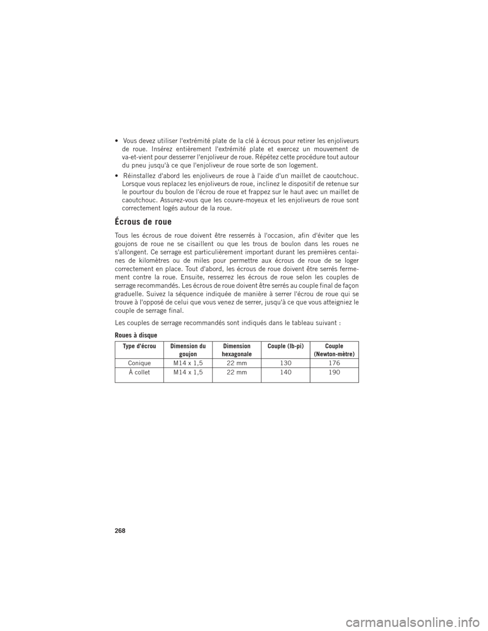 Ram 1500 2016 Guide dutilisateur (in French) • Vous devez utiliser lextrémité plate de la clé à écrous pour retirer les enjoliveursde roue. Insérez entièrement lextrémité plate et exercez un mouvement de
va-et-vient pour desserrer l Ram 1500 2016 Guide dutilisateur (in French) • Vous devez utiliser lextrémité plate de la clé à écrous pour retirer les enjoliveursde roue. Insérez entièrement lextrémité plate et exercez un mouvement de
va-et-vient pour desserrer l