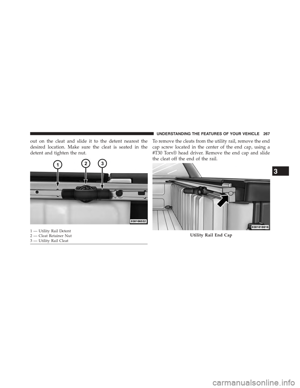 Ram 1500 2015  Owners Manual out on the cleat and slide it to the detent nearest the
desired location. Make sure the cleat is seated in the
detent and tighten the nut.
To remove the cleats from the utility rail, remove the end
ca