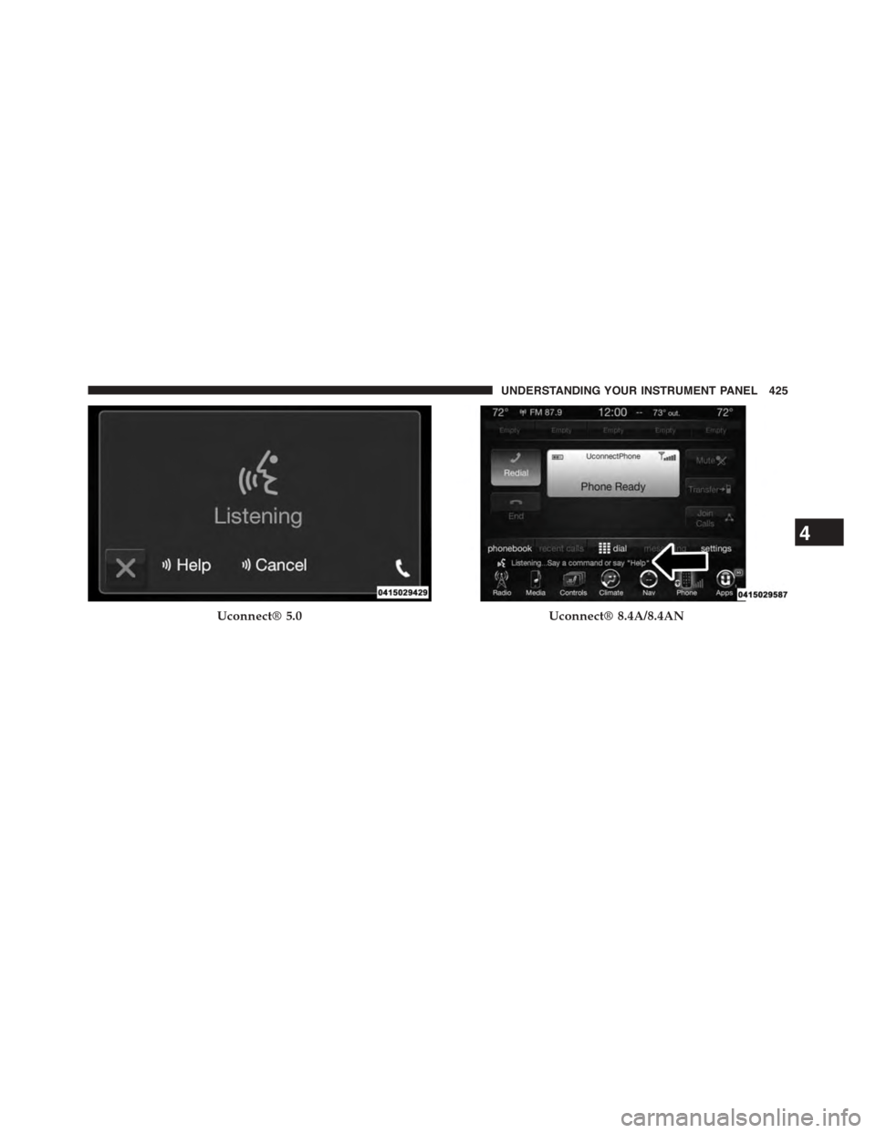 Ram 1500 2015  Owners Manual Uconnect® 5.0Uconnect® 8.4A/8.4AN
4
UNDERSTANDING YOUR INSTRUMENT PANEL 425 