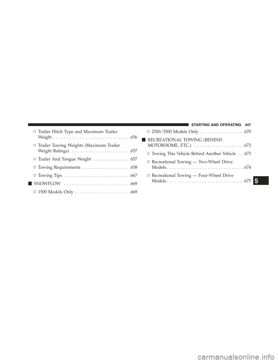 Ram 1500 2015  Owners Manual ▫Trailer Hitch Type and Maximum Trailer
Weight.............................656
▫Trailer Towing Weights (Maximum Trailer
Weight Ratings)......................657
▫Trailer And Tongue Weight.......