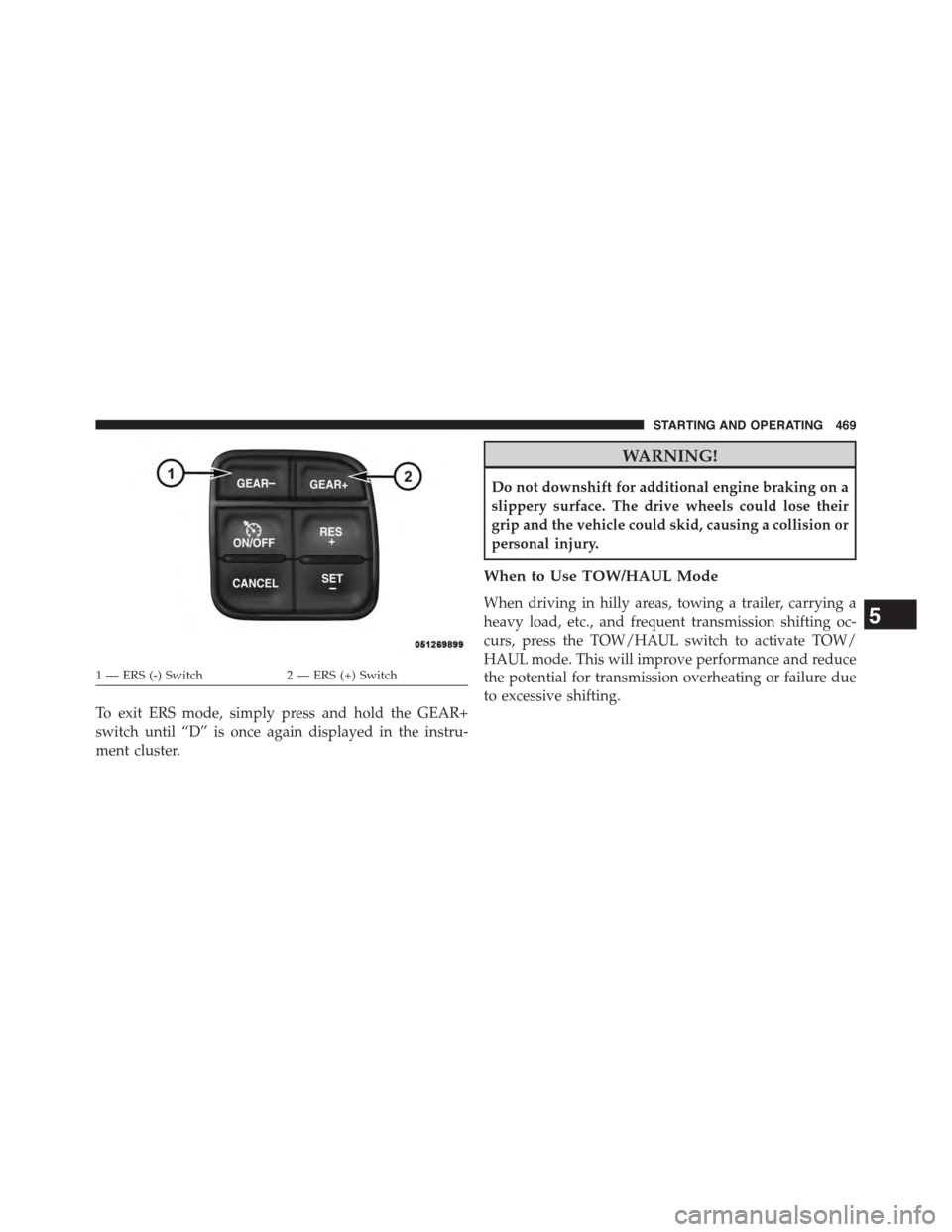 Ram 1500 2015 Owners Manual To exit ERS mode, simply press and hold the GEAR+
switch until “D” is once again displayed in the instru-
ment cluster.
WARNING!
Do not downshift for additional engine braking on a
slippery surfac Ram 1500 2015 Owners Manual To exit ERS mode, simply press and hold the GEAR+
switch until “D” is once again displayed in the instru-
ment cluster.
WARNING!
Do not downshift for additional engine braking on a
slippery surfac