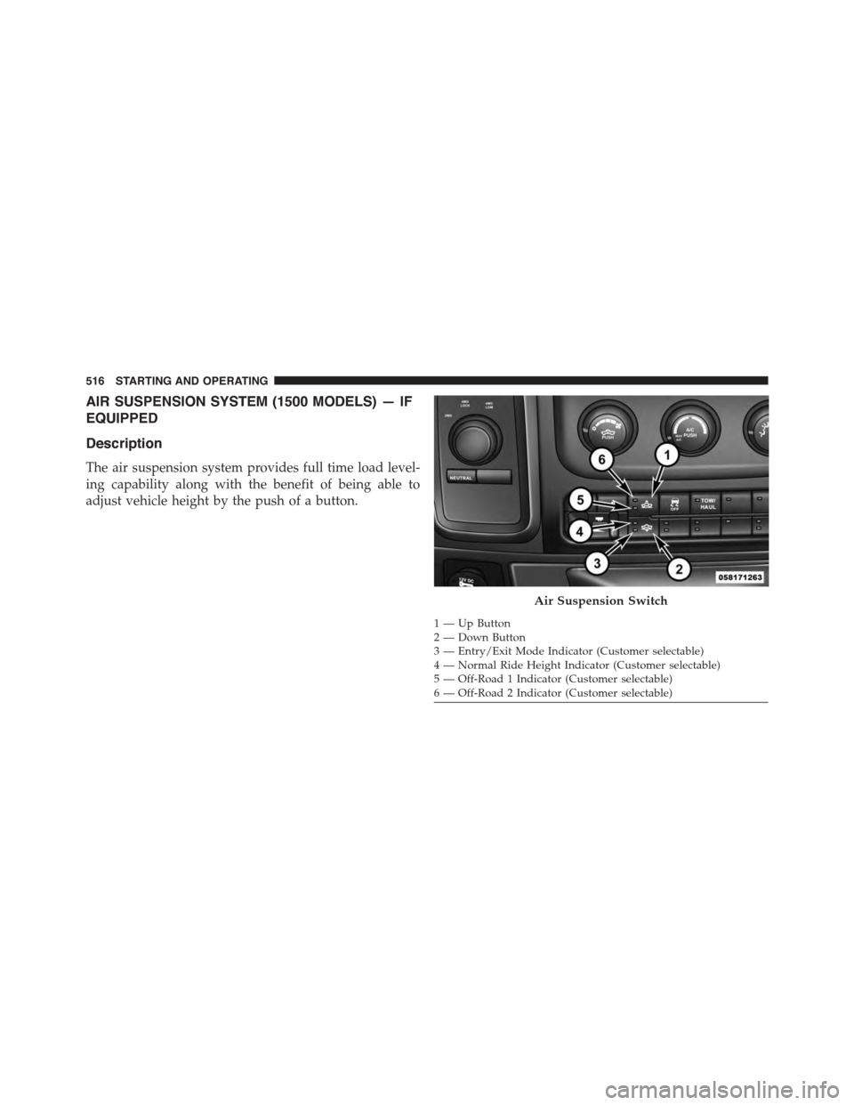 Ram 1500 2015 Owners Manual AIR SUSPENSION SYSTEM (1500 MODELS) — IF
EQUIPPED
Description
The air suspension system provides full time load level-
ing capability along with the benefit of being able to
adjust vehicle height by Ram 1500 2015 Owners Manual AIR SUSPENSION SYSTEM (1500 MODELS) — IF
EQUIPPED
Description
The air suspension system provides full time load level-
ing capability along with the benefit of being able to
adjust vehicle height by