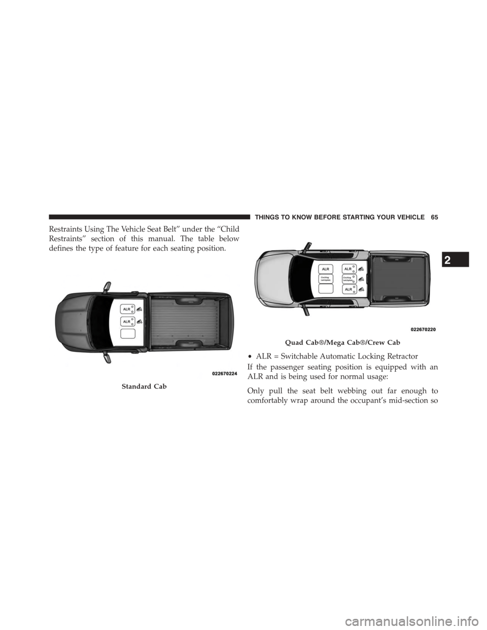 Ram 1500 2015 Repair Manual Restraints Using The Vehicle Seat Belt” under the “Child
Restraints” section of this manual. The table below
defines the type of feature for each seating position.
If the passenger seating posit