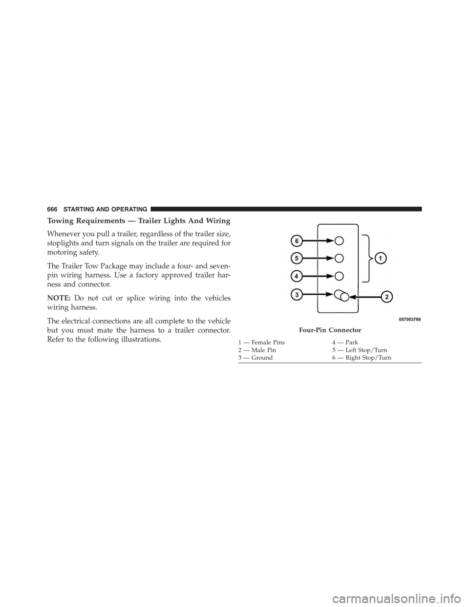 Ram 1500 2015  Owners Manual Towing Requirements — Trailer Lights And Wiring
Whenever you pull a trailer, regardless of the trailer size,
stoplights and turn signals on the trailer are required for
motoring safety.
The Trailer 