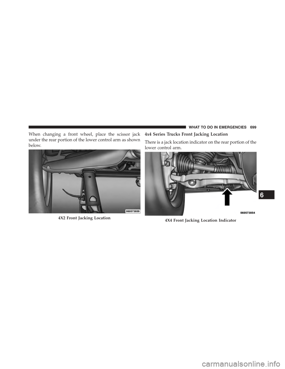 Ram 1500 2015  Owners Manual When changing a front wheel, place the scissor jack
under the rear portion of the lower control arm as shown
below.
4x4 Series Trucks Front Jacking Location
There is a jack location indicator on the r