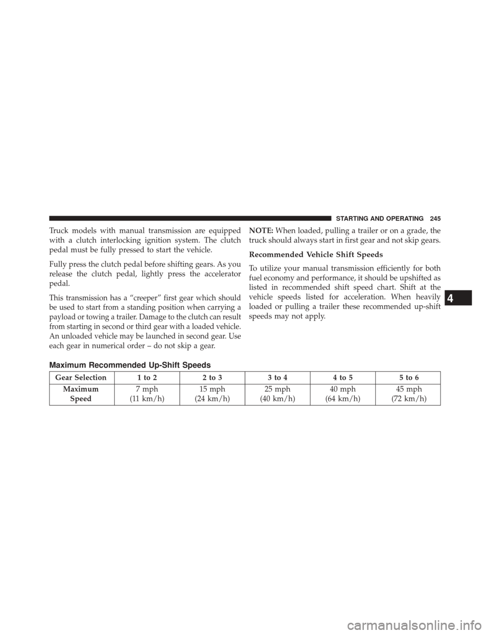 Ram 1500 2015  Diesel Supplement Truck models with manual transmission are equipped
with a clutch interlocking ignition system. The clutch
pedal must be fully pressed to start the vehicle.
Fully press the clutch pedal before shifting