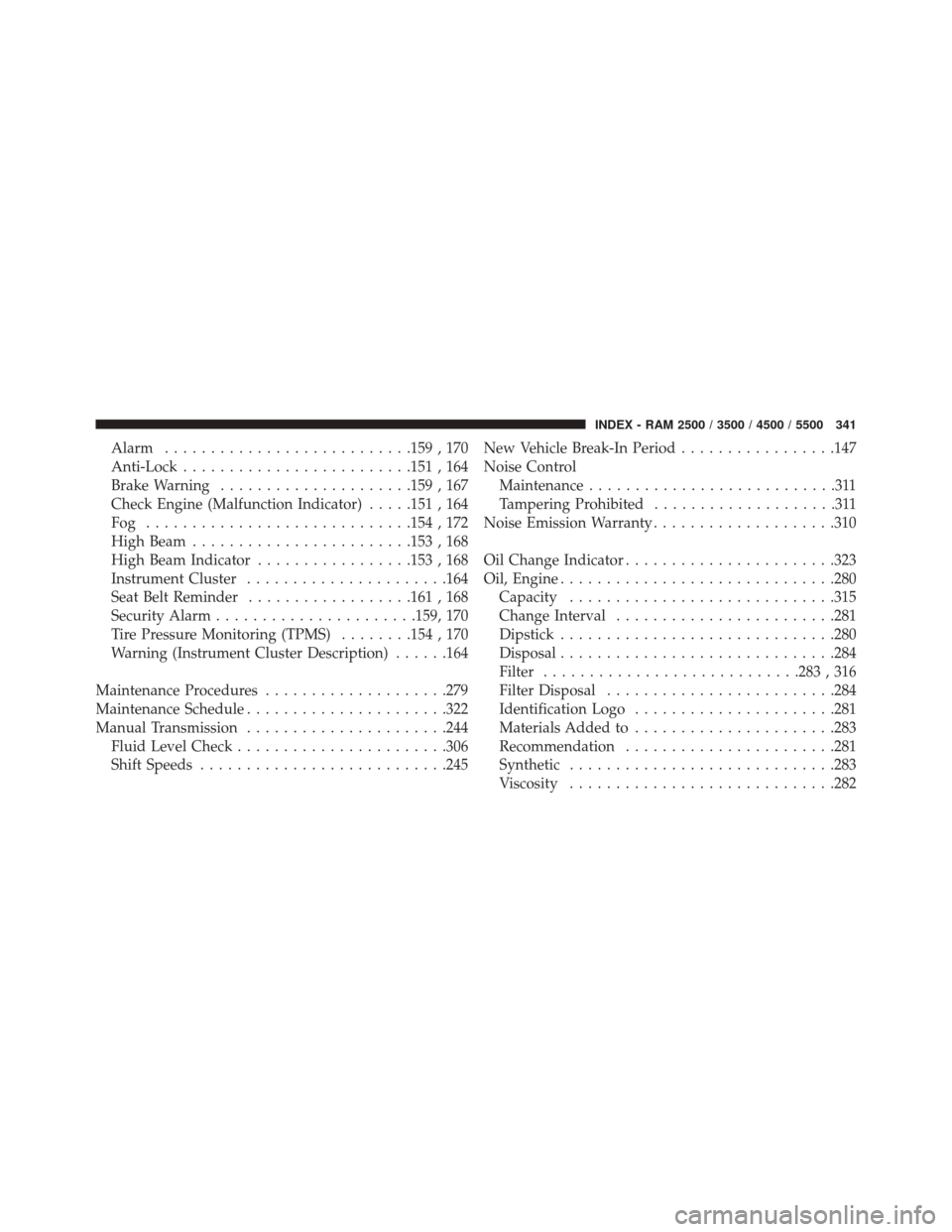 Ram 1500 2015  Diesel Supplement Alarm.......................... .159 , 170
Anti-Lock ........................ .151 , 164
Brake Warning .....................159 , 167
Check Engine (Malfunction Indicator) .....151 , 164
Fog ..........