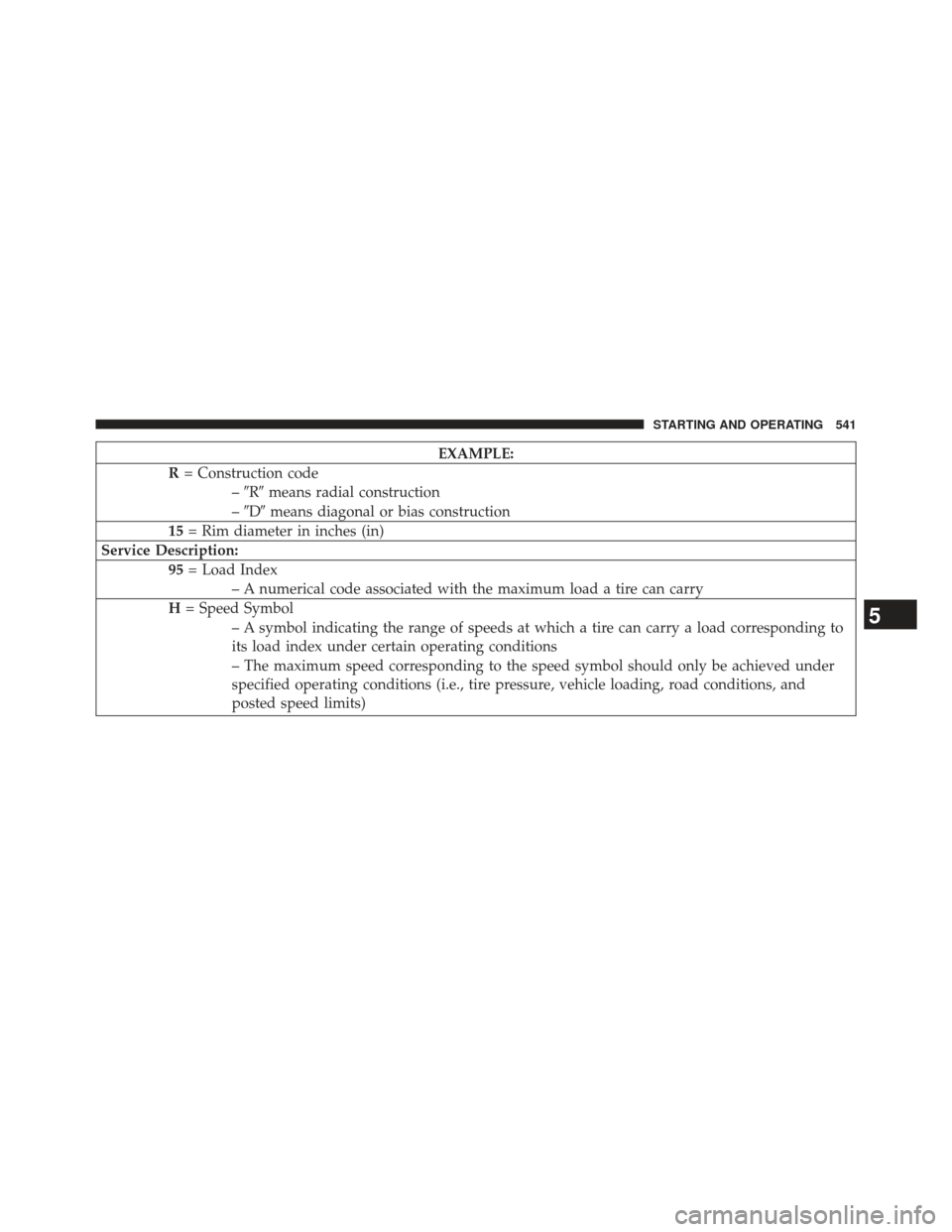 Ram 1500 2014  Owners Manual EXAMPLE:
R = Construction code
–R means radial construction
– D means diagonal or bias construction
15 = Rim diameter in inches (in)
Service Description: 95= Load Index
– A numerical code as