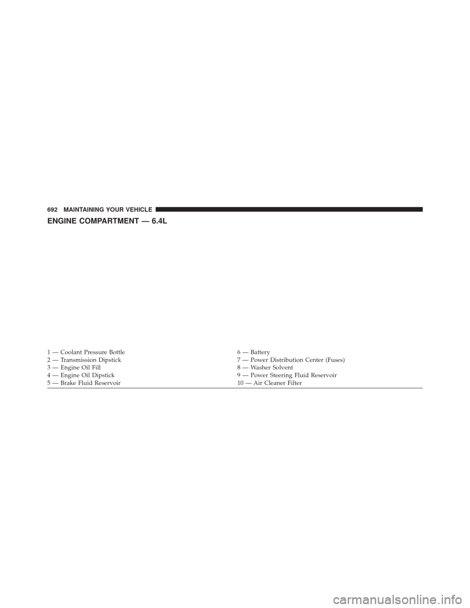 Ram 1500 2014  Owners Manual ENGINE COMPARTMENT — 6.4L
1 — Coolant Pressure Bottle6 — Battery
2 — Transmission Dipstick 7 — Power Distribution Center (Fuses)
3 — Engine Oil Fill 8 — Washer Solvent
4 — Engine Oil D