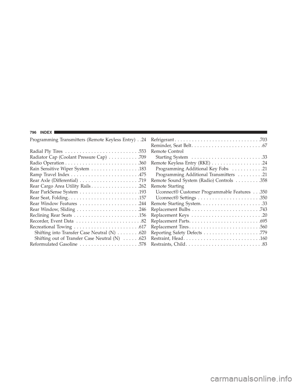 Ram 1500 2014  Owners Manual Programming Transmitters (Remote Keyless Entry) . .24
Radial Ply Tires......................... .553
Radiator Cap (Coolant Pressure Cap) ...........709
Radio Operation ......................... .360
R