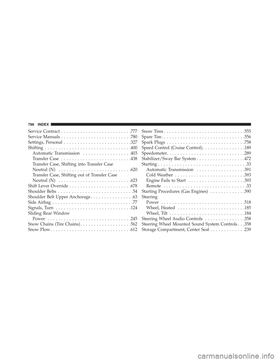 Ram 1500 2014  Owners Manual Service Contract......................... .777
Service Manuals ......................... .780
Settings, Personal ........................ .327
Shifting ............................... .400
Automatic T