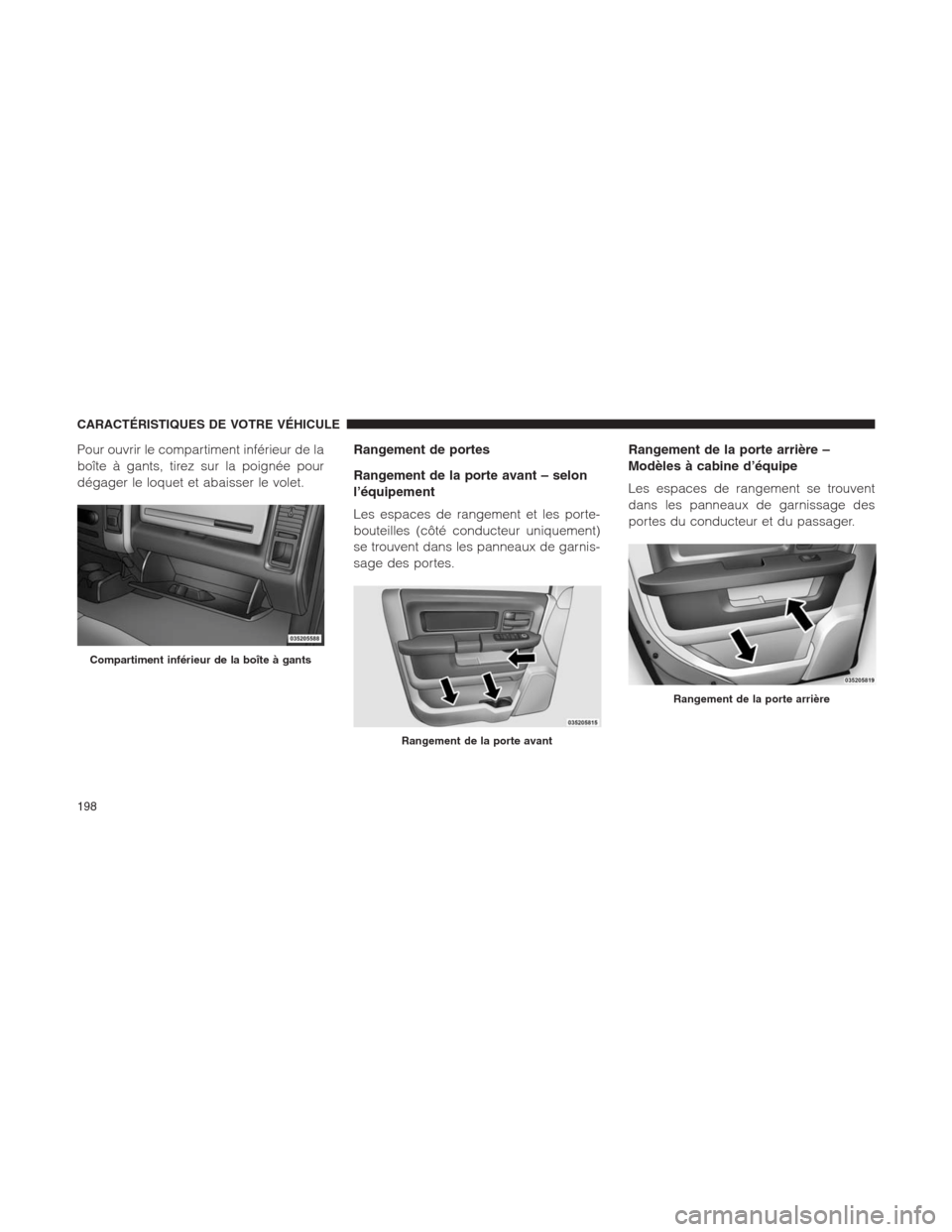 Ram 1500 2014  Manuel du propriétaire (in French)  Pour ouvrir le compartiment inférieur de la
boîte à gants, tirez sur la poignée pour
dégager le loquet et abaisser le volet.Rangement de portes
Rangement de la porte avant – selon
l’équipeme