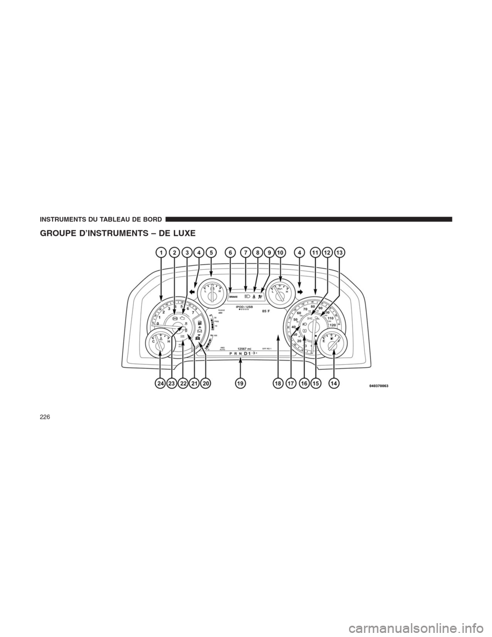 Ram 1500 2014  Manuel du propriétaire (in French)  GROUPE D’INSTRUMENTS – DE LUXE
INSTRUMENTS DU TABLEAU DE BORD
226 