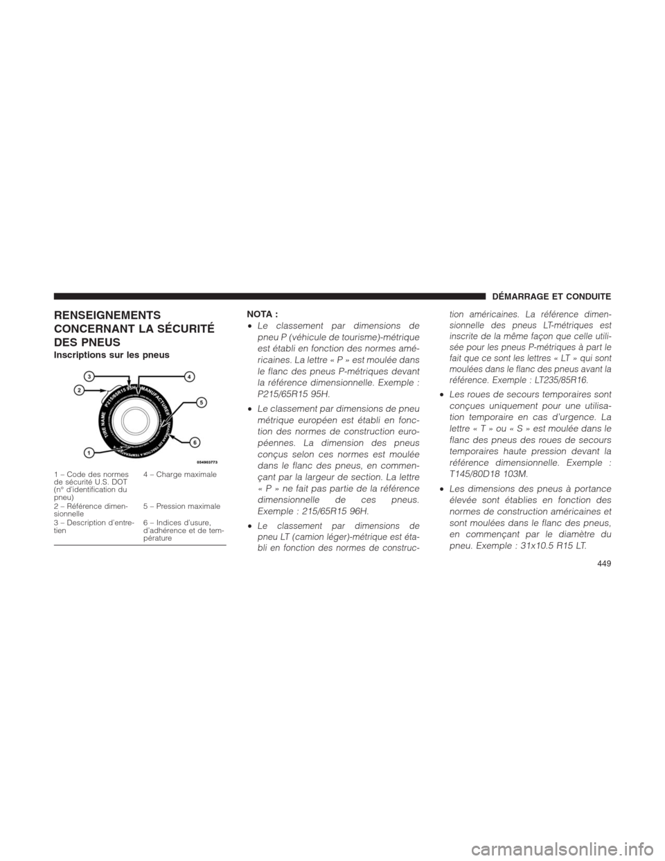 Ram 1500 2014  Manuel du propriétaire (in French)  RENSEIGNEMENTS
CONCERNANT LA SÉCURITÉ
DES PNEUS
Inscriptions sur les pneusNOTA :
•
Le classement par dimensions de
pneu P (véhicule de tourisme)-métrique
est établi en fonction des normes amé-