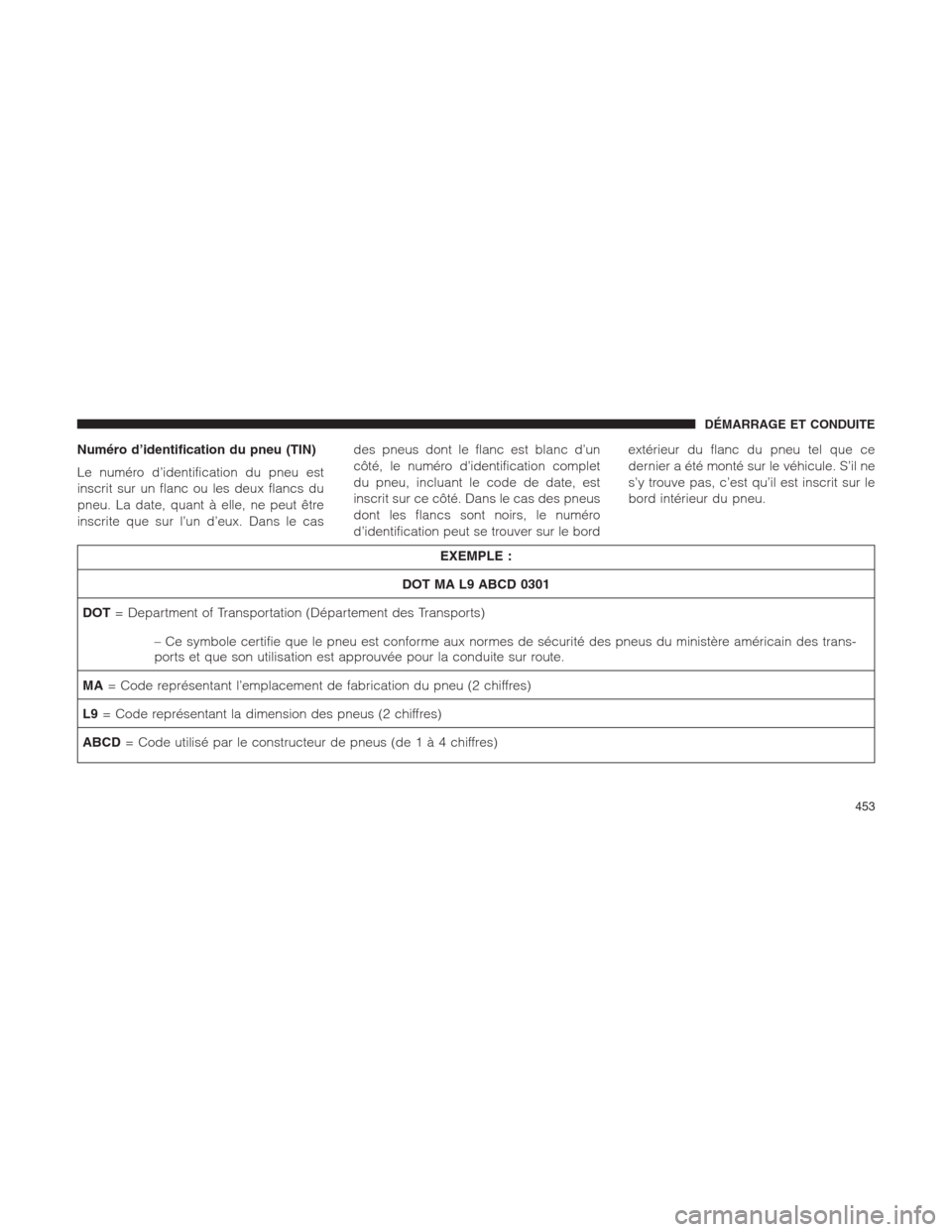 Ram 1500 2014  Manuel du propriétaire (in French)  Numéro d’identification du pneu (TIN)
Le numéro d’identification du pneu est
inscrit sur un flanc ou les deux flancs du
pneu. La date, quant à elle, ne peut être
inscrite que sur l’un d’eu
