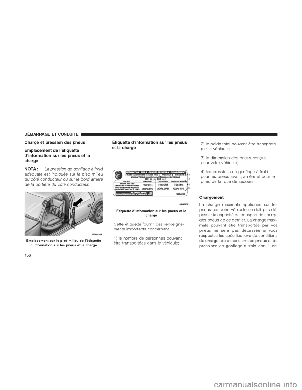 Ram 1500 2014  Manuel du propriétaire (in French)  Charge et pression des pneus
Emplacement de l’étiquette
d’information sur les pneus et la
charge
NOTA :
La pression de gonflage à froid
adéquate est indiquée sur le pied milieu
du côté condu