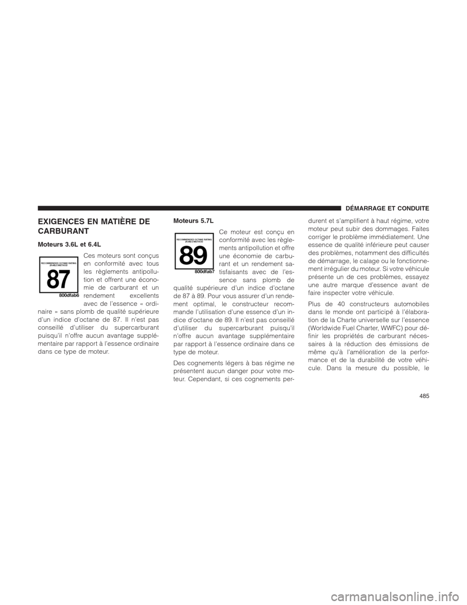 Ram 1500 2014  Manuel du propriétaire (in French)  EXIGENCES EN MATIÈRE DE
CARBURANT
Moteurs 3.6L et 6.4L
Ces moteurs sont conçus
en conformité avec tous
les règlements antipollu-
tion et offrent une écono-
mie de carburant et un
rendement excell