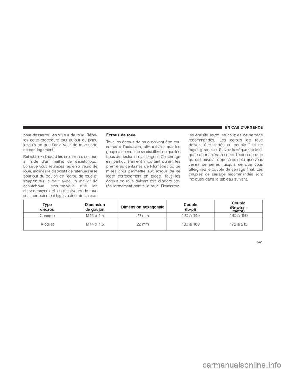 Ram 1500 2014  Manuel du propriétaire (in French)  pour desserrer l’enjoliveur de roue. Répé-
tez cette procédure tout autour du pneu
jusqu’à ce que l’enjoliveur de roue sorte
de son logement.
Réinstallez d’abord les enjoliveurs de roue

