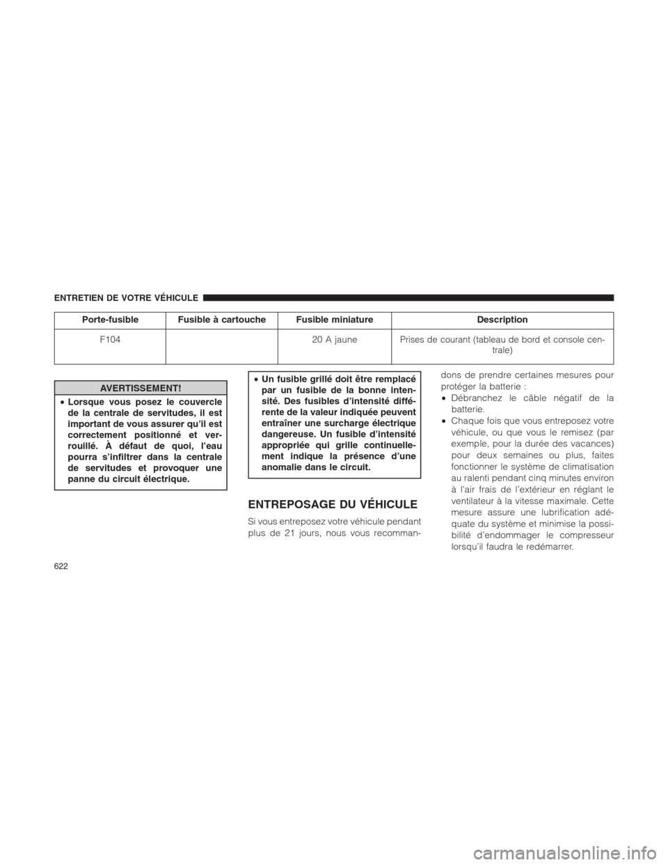 Ram 1500 2014  Manuel du propriétaire (in French)  Porte-fusible Fusible à cartouche Fusible miniature Description
F104 20 A jaune
Prises de courant (tableau de bord et console cen-
trale)
AVERTISSEMENT!
•Lorsque vous posez le couvercle
de la centr
