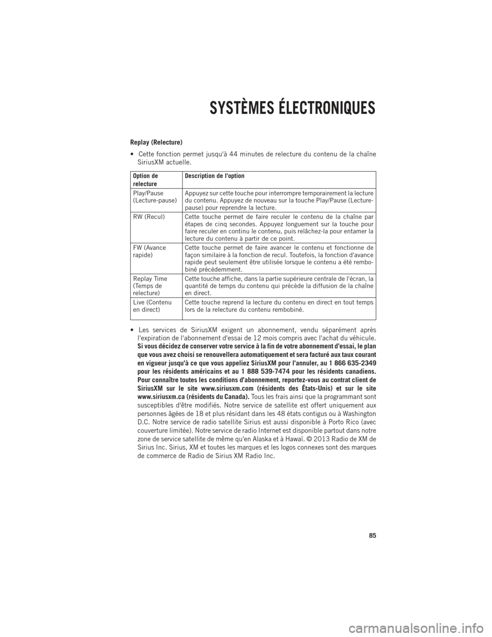 Ram 1500 2014  Guide dutilisateur (in French) Replay (Relecture)
• Cette fonction permet jusquà 44 minutes de relecture du contenu de la chaîneSiriusXM actuelle.
Option de
relecture Description de loption
Play/Pause
(Lecture-pause) Appuyez 