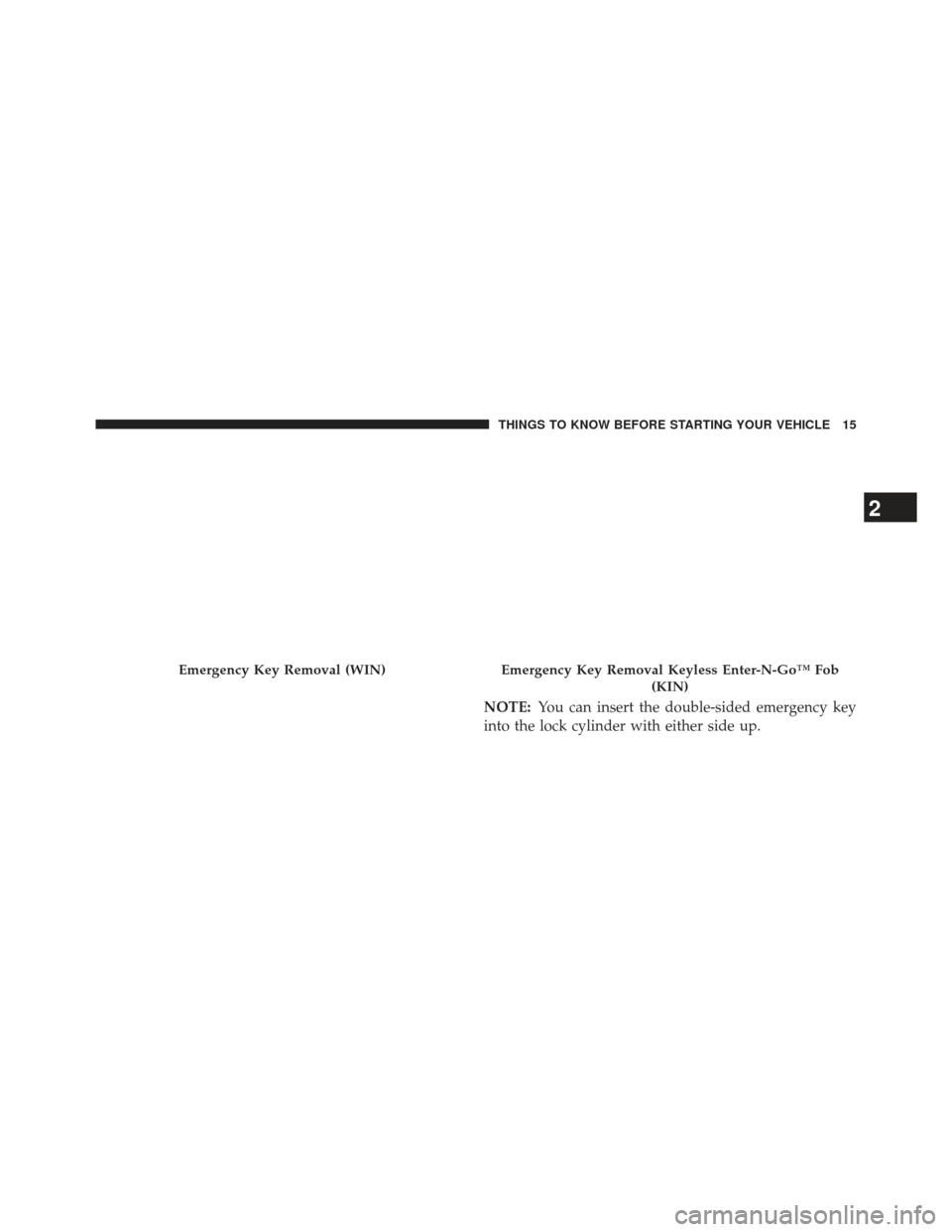 Ram 1500 2013 User Guide NOTE:You can insert the double-sided emergency key
into the lock cylinder with either side up.
Emergency Key Removal (WIN)Emergency Key Removal Keyless Enter-N-Go™ Fob
(KIN)
2
THINGS TO KNOW BEFORE 