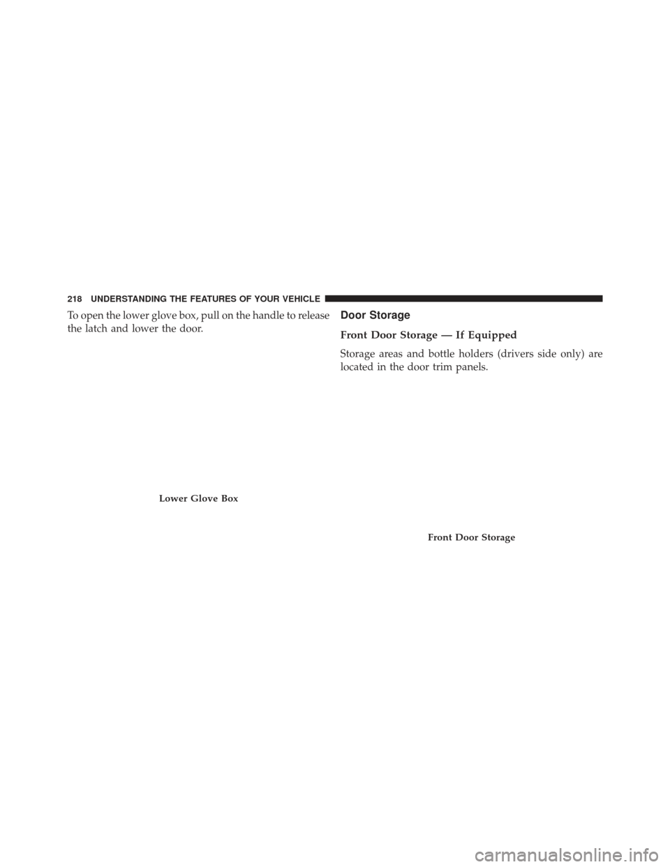 Ram 1500 2013  Owners Manual To open the lower glove box, pull on the handle to release
the latch and lower the door.Door Storage
Front Door Storage — If Equipped
Storage areas and bottle holders (drivers side only) are
located