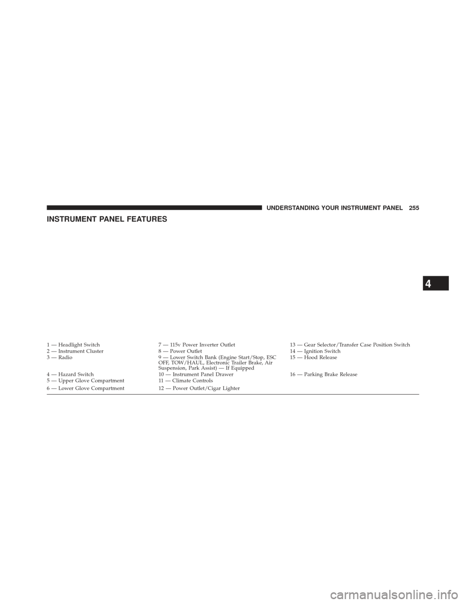 Ram 1500 2013  Owners Manual INSTRUMENT PANEL FEATURES
1 — Headlight Switch7 — 115v Power Inverter Outlet 13 — Gear Selector/Transfer Case Position Switch
2 — Instrument Cluster 8 — Power Outlet 14 — Ignition Switch
3