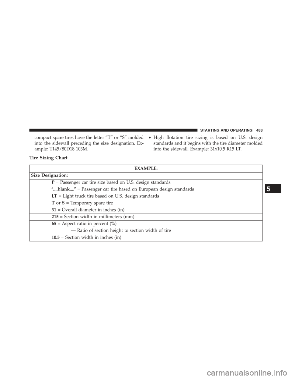 Ram 1500 2013  Owners Manual compact spare tires have the letter “T” or “S” molded
into the sidewall preceding the size designation. Ex-
ample: T145/80D18 103M.•
High flotation tire sizing is based on U.S. design
standa