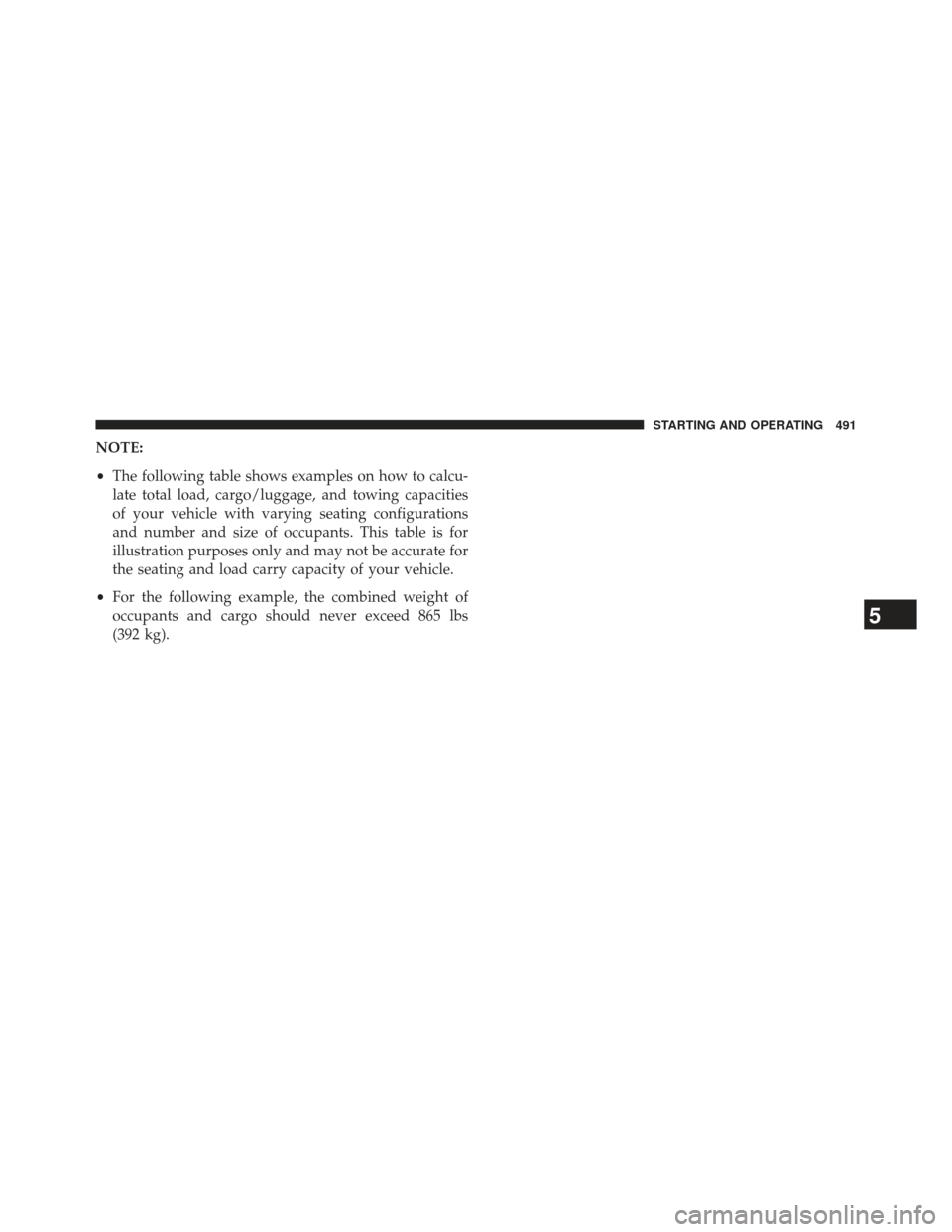 Ram 1500 2013 Owners Manual NOTE:
•The following table shows examples on how to calcu-
late total load, cargo/luggage, and towing capacities
of your vehicle with varying seating configurations
and number and size of occupants. Ram 1500 2013 Owners Manual NOTE:
•The following table shows examples on how to calcu-
late total load, cargo/luggage, and towing capacities
of your vehicle with varying seating configurations
and number and size of occupants.