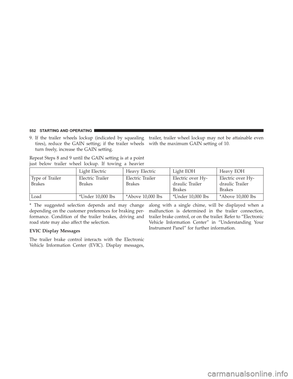 Ram 1500 2013  Owners Manual 9. If the trailer wheels lockup (indicated by squealingtires), reduce the GAIN setting; if the trailer wheels
turn freely, increase the GAIN setting.
Repeat Steps 8 and 9 until the GAIN setting is at 