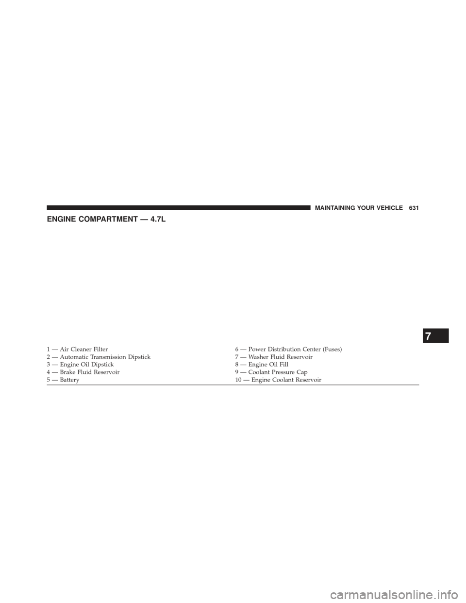 Ram 1500 2013  Owners Manual ENGINE COMPARTMENT — 4.7L
1 — Air Cleaner Filter6 — Power Distribution Center (Fuses)
2 — Automatic Transmission Dipstick 7 — Washer Fluid Reservoir
3 — Engine Oil Dipstick 8 — Engine Oi