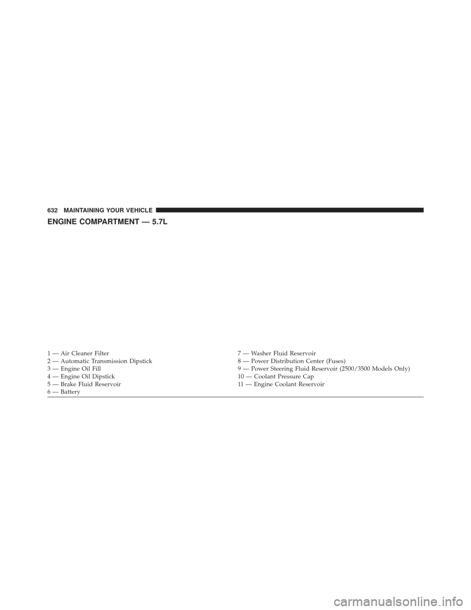 Ram 1500 2013 User Guide ENGINE COMPARTMENT — 5.7L
1 — Air Cleaner Filter7 — Washer Fluid Reservoir
2 — Automatic Transmission Dipstick 8 — Power Distribution Center (Fuses)
3 — Engine Oil Fill 9 — Power Steerin