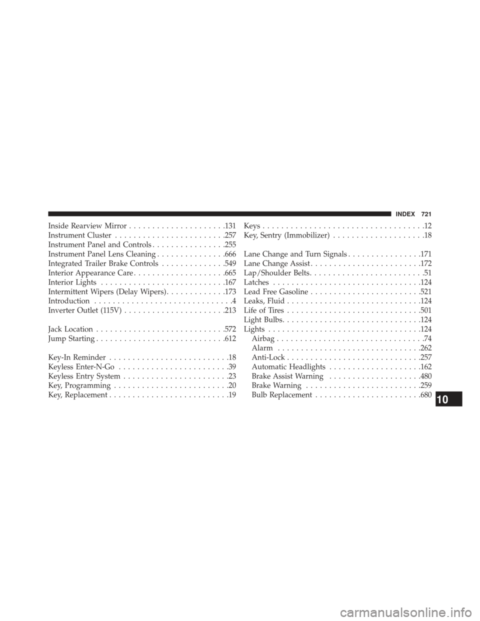 Ram 1500 2013  Owners Manual Inside Rearview Mirror.....................131
Instrument Cluster ....................... .257
Instrument Panel and Controls ................255
Instrument Panel Lens Cleaning ...............666
Integ