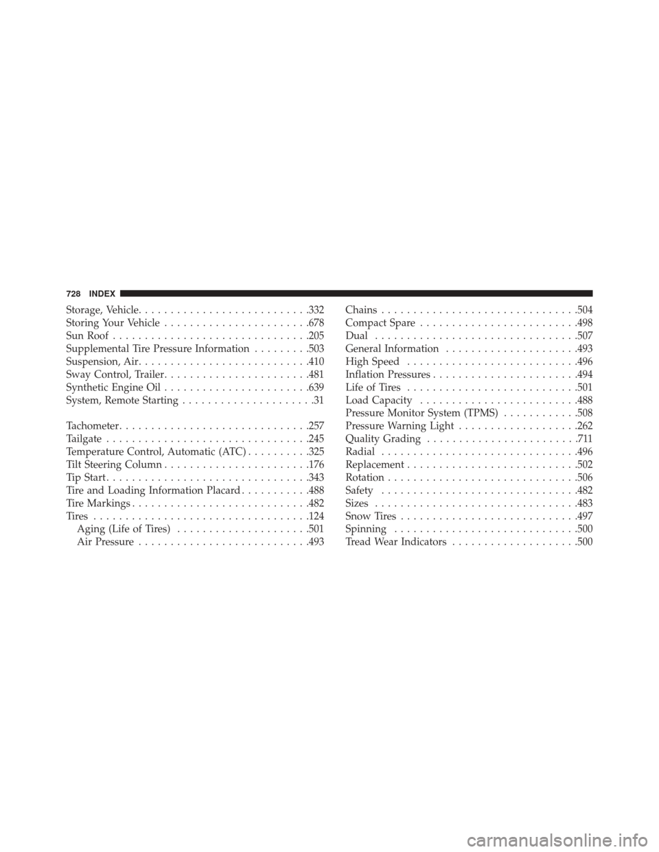 Ram 1500 2013 User Guide Storage, Vehicle.......................... .332
Storing Your Vehicle ...................... .678
Sun Roof .............................. .205
Supplemental Tire Pressure Information .........503
Suspen