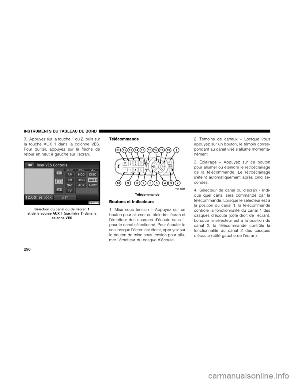 Ram 1500 2012  Owners Manual 3. Appuyez sur la touche 1 ou 2, puis sur
la touche AUX 1 dans la colonne VES.
Pour quitter, appuyez sur la flèche de
retour en haut à gauche sur l’écran.Télécommande
Boutons et indicateurs
1. 