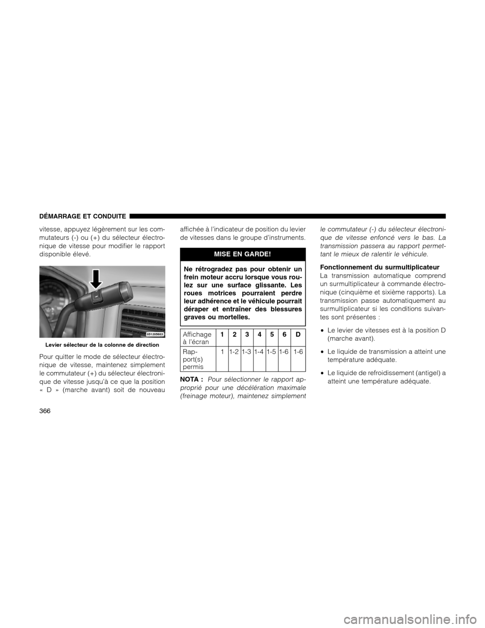 Ram 1500 2012 Owners Manual vitesse, appuyez légèrement sur les com-
mutateurs (-) ou (+) du sélecteur électro-
nique de vitesse pour modifier le rapport
disponible élevé.
Pour quitter le mode de sélecteur électro-
nique Ram 1500 2012 Owners Manual vitesse, appuyez légèrement sur les com-
mutateurs (-) ou (+) du sélecteur électro-
nique de vitesse pour modifier le rapport
disponible élevé.
Pour quitter le mode de sélecteur électro-
nique