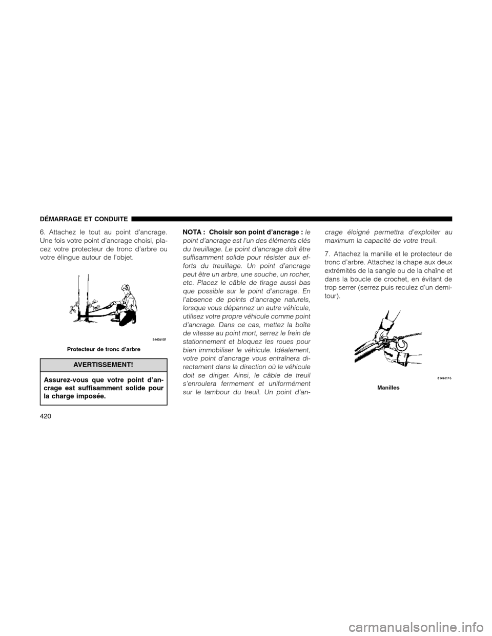 Ram 1500 2012 Owners Manual 6. Attachez le tout au point d’ancrage.
Une fois votre point d’ancrage choisi, pla-
cez votre protecteur de tronc d’arbre ou
votre élingue autour de l’objet.
AVERTISSEMENT!
Assurez-vous que v Ram 1500 2012 Owners Manual 6. Attachez le tout au point d’ancrage.
Une fois votre point d’ancrage choisi, pla-
cez votre protecteur de tronc d’arbre ou
votre élingue autour de l’objet.
AVERTISSEMENT!
Assurez-vous que v