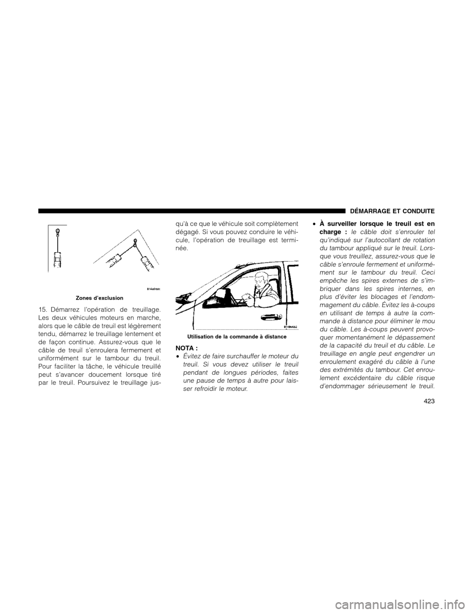 Ram 1500 2012 Owners Manual 15. Démarrez l’opération de treuillage.
Les deux véhicules moteurs en marche,
alors que le câble de treuil est légèrement
tendu, démarrez le treuillage lentement et
de façon continue. Assure Ram 1500 2012 Owners Manual 15. Démarrez l’opération de treuillage.
Les deux véhicules moteurs en marche,
alors que le câble de treuil est légèrement
tendu, démarrez le treuillage lentement et
de façon continue. Assure