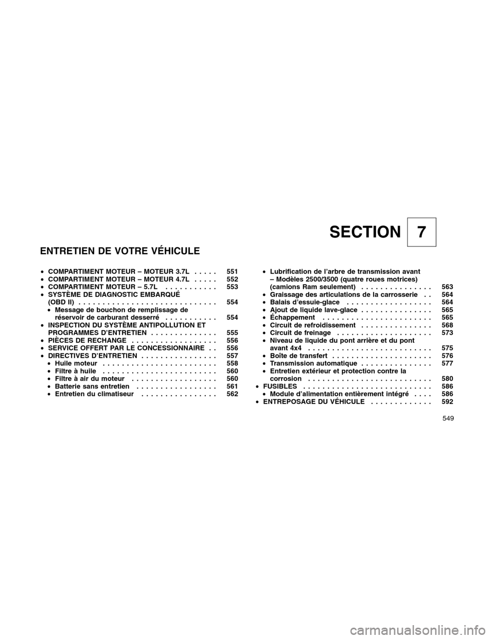 Ram 1500 2012  Owners Manual SECTION 7
ENTRETIEN DE VOTRE VÉHICULE
•COMPARTIMENT MOTEUR – MOTEUR 3.7L..... 551
•COMPARTIMENT MOTEUR – MOTEUR 4.7L..... 552
•COMPARTIMENT MOTEUR – 5.7L........... 553
•SYSTÈME DE DIA