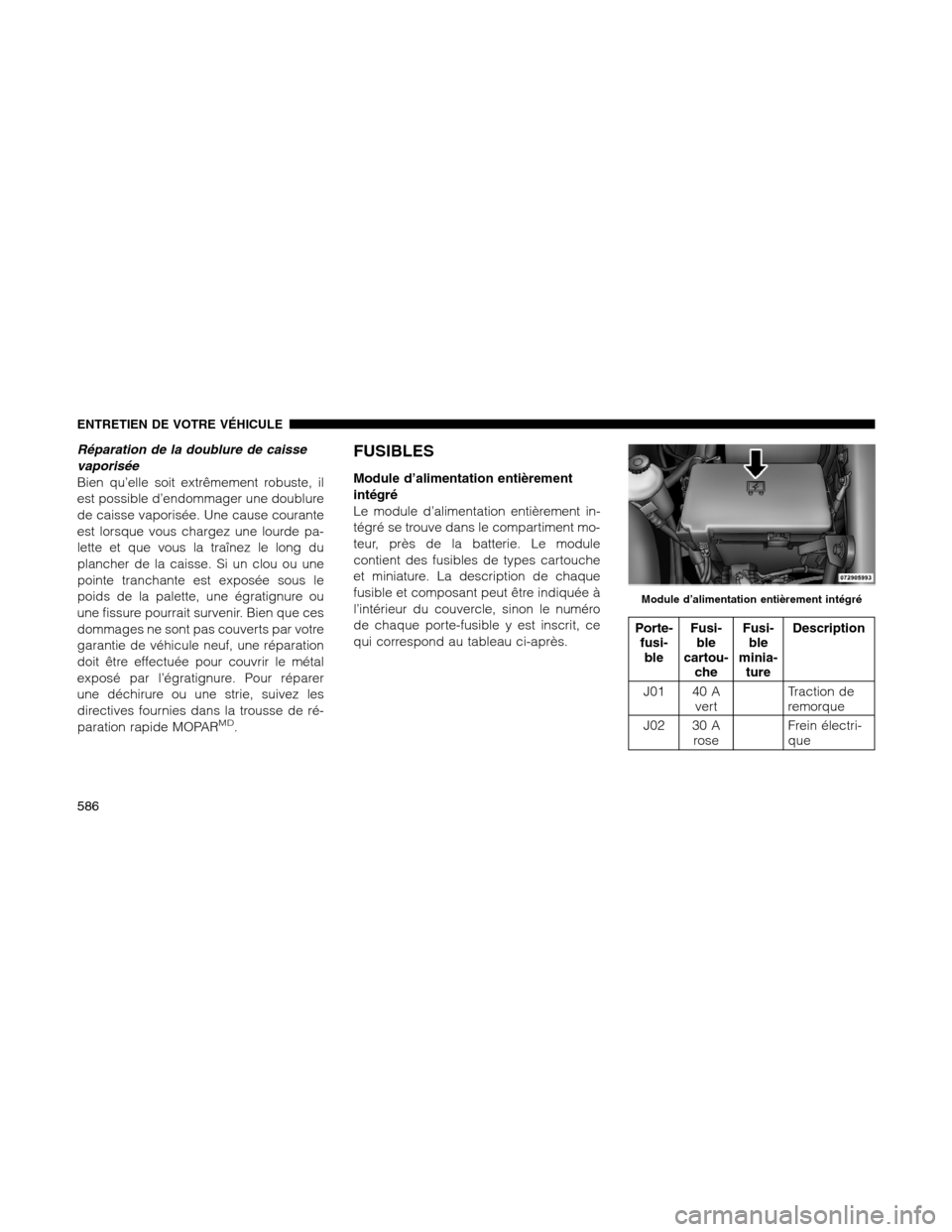 Ram 1500 2012 Owners Manual Réparation de la doublure de caisse
vaporisée
Bien qu’elle soit extrêmement robuste, il
est possible d’endommager une doublure
de caisse vaporisée. Une cause courante
est lorsque vous chargez Ram 1500 2012 Owners Manual Réparation de la doublure de caisse
vaporisée
Bien qu’elle soit extrêmement robuste, il
est possible d’endommager une doublure
de caisse vaporisée. Une cause courante
est lorsque vous chargez