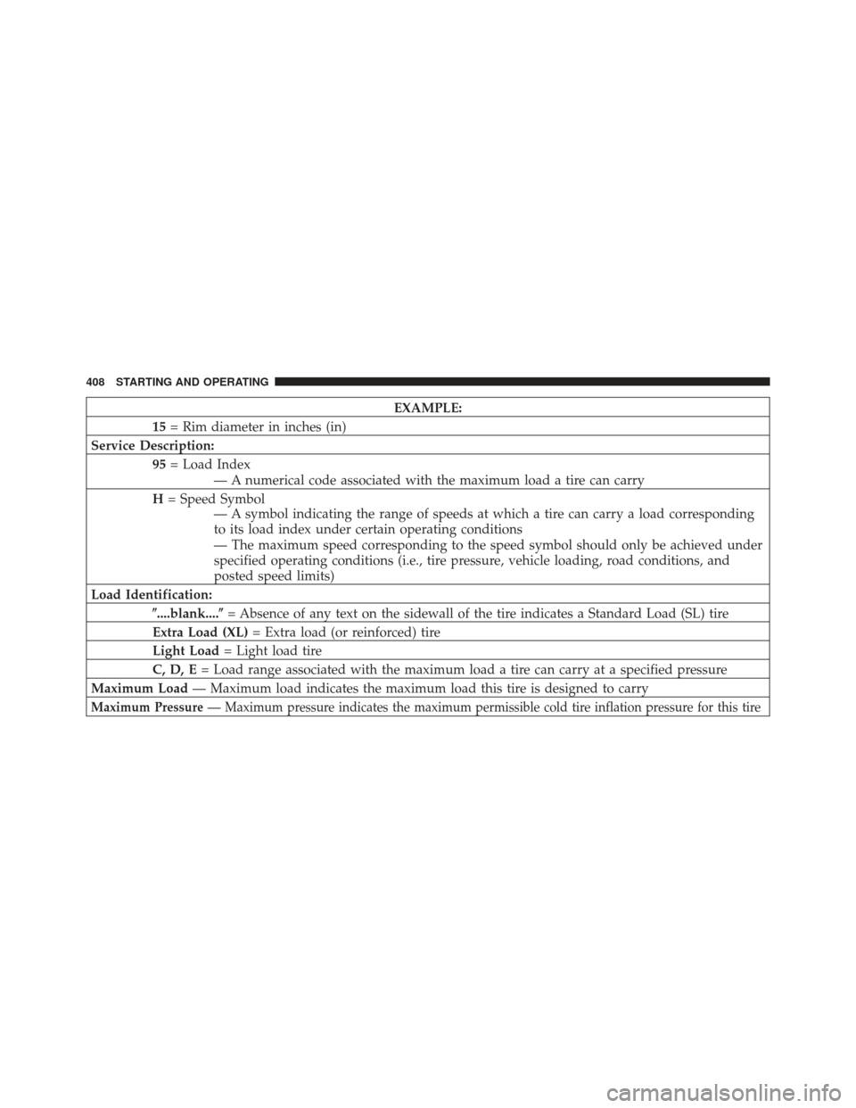 Ram 1500 2011 Owners Manual EXAMPLE:
15 = Rim diameter in inches (in)
Service Description: 95= Load Index
— A numerical code associated with the maximum load a tire can carry
H = Speed Symbol
— A symbol indicating the range Ram 1500 2011 Owners Manual EXAMPLE:
15 = Rim diameter in inches (in)
Service Description: 95= Load Index
— A numerical code associated with the maximum load a tire can carry
H = Speed Symbol
— A symbol indicating the range