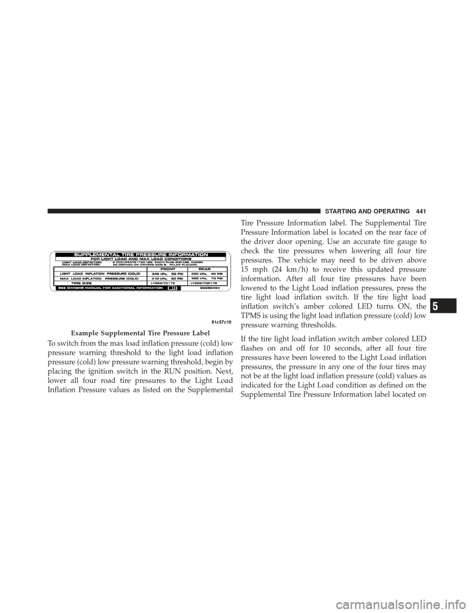 Ram 1500 2011 Owners Manual To switch from the max load inflation pressure (cold) low
pressure warning threshold to the light load inflation
pressure (cold) low pressure warning threshold, begin by
placing the ignition switch in Ram 1500 2011 Owners Manual To switch from the max load inflation pressure (cold) low
pressure warning threshold to the light load inflation
pressure (cold) low pressure warning threshold, begin by
placing the ignition switch in