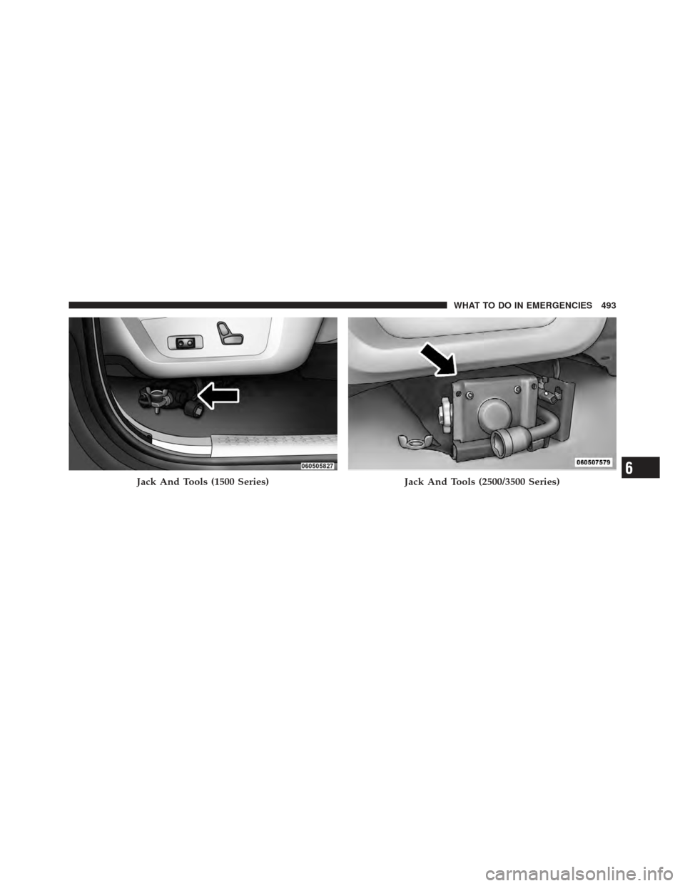 Ram 1500 2011  Owners Manual Jack And Tools (1500 Series)Jack And Tools (2500/3500 Series)6
WHAT TO DO IN EMERGENCIES 493 