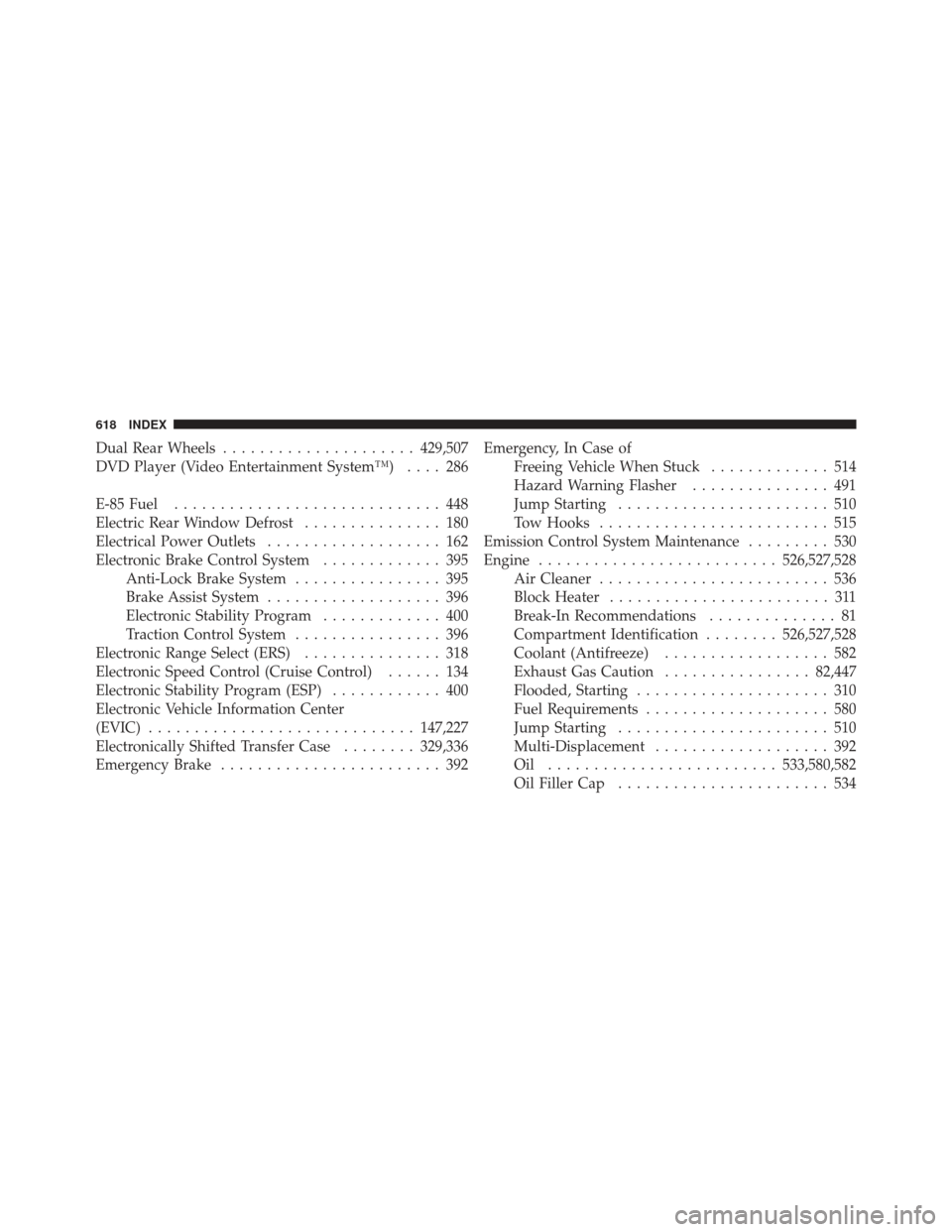 Ram 1500 2011  Owners Manual Dual Rear Wheels..................... 429,507
DVD Player (Video Entertainment System™) .... 286
E-85 Fuel ............................. 448
Electric Rear Window Defrost ............... 180
Electrica