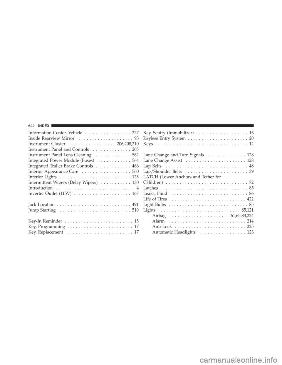 Ram 1500 2011  Owners Manual Information Center, Vehicle................. 227
Inside Rearview Mirror .................... 93
Instrument Cluster ................. 206,208,210
Instrument Panel and Controls .............. 205
Instru