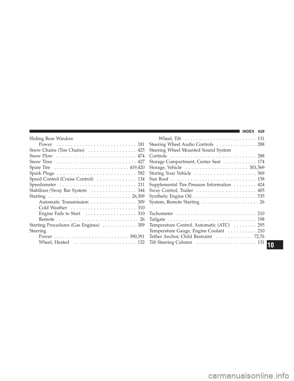 Ram 1500 2011  Owners Manual Sliding Rear WindowPower ............................ 181
Snow Chains (Tire Chains) ................. 425
Snow Plow ............................ 474
Snow Tires ............................ 427
Spare T