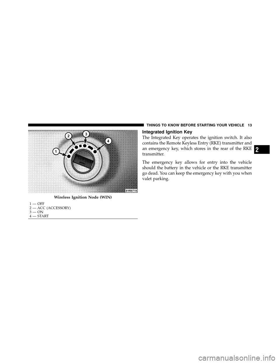 Ram 1500 2009  Owners Manual Integrated Ignition Key
The Integrated Key operates the ignition switch. It also
contains the Remote Keyless Entry (RKE) transmitter and
an emergency key, which stores in the rear of the RKE
transmitt